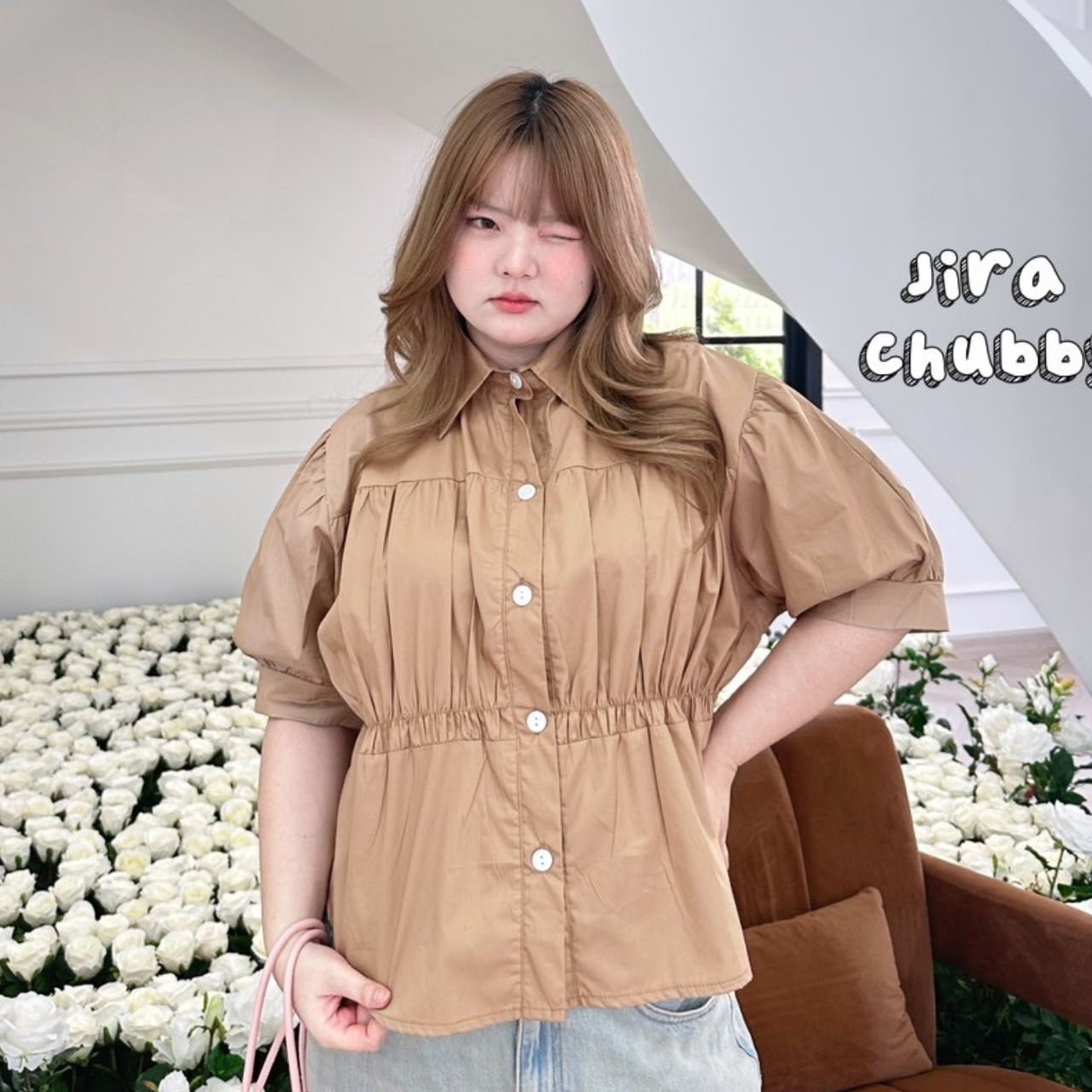 J102 เสื้อเชิ้ต สาวอวบ คอปกจับจีบตรงอก อกได้ถึง 50 นิ้ว (หน้าผ้า52นิ้ว) ชาว ดำ น้ำตาล อก 40-50 นิ้ว