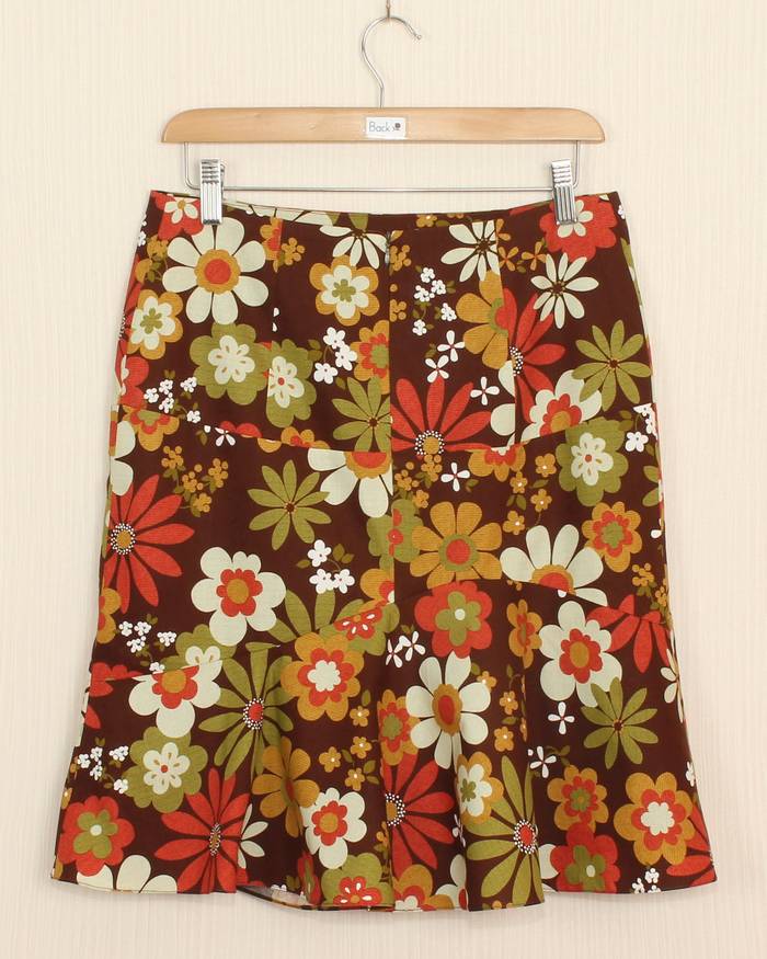 SK-236 กระโปรงแฟชั่น&ทำงาน ทรงย้วย ผ้าคอตต้อนญี่ปุ่นพิมพ์ลายดอกไม้ โทนน้ำตาลเข้ม