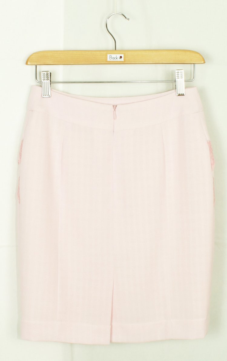 SK-171 กระโปรงแฟชั่น&ทำงาน ทรงสอบ ผ้า CHANEL สีชมพู ตัดต่อ 2 ชั้นด้วยผ้าลูกไม้สีชมพู