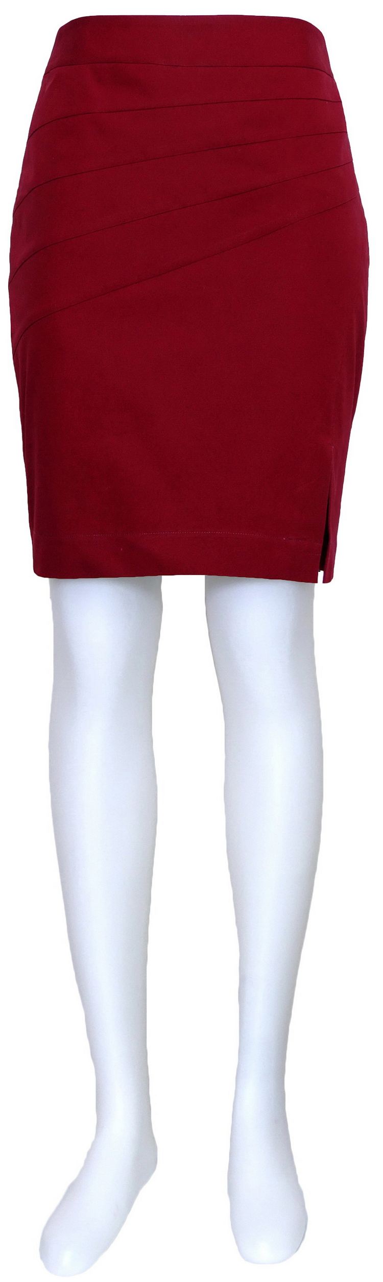 SK-085 กระโปรงทรงสอบ ผ้าคอตต้อนญี่ปุ่นผสมสเปนเดกสีแดงเลือดหมู ด้านหน้าเย็บแบบตัดต่อผ้า