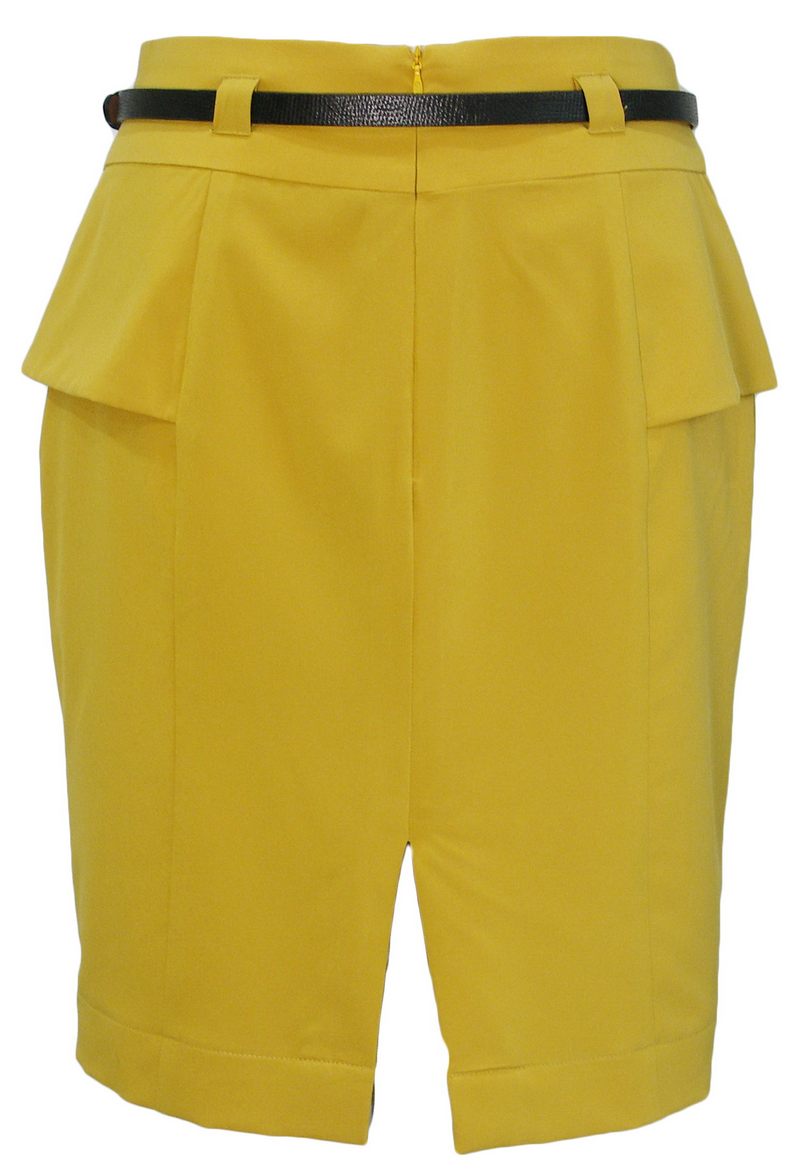 SK-062 กระโปรงทรงสอบ ผ้าไหมอิตาลีสีเหลืองมาสตาท แต่งขอบเอวด้านหน้า