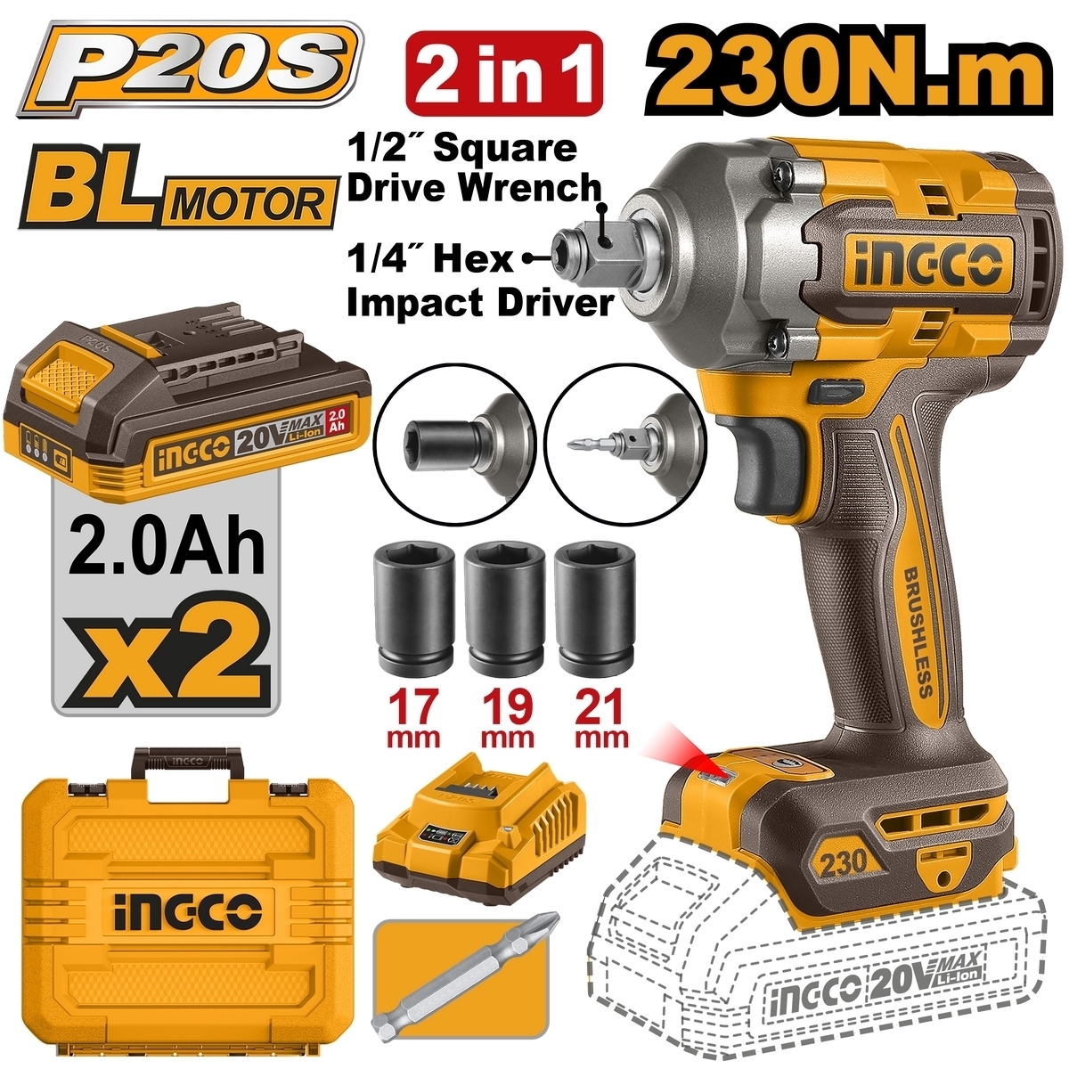 INGCO ไขควงกระแทก+บล็อกกไร้สาย 2IN1 20V-BL 1/2" แรงบิดสูงสุด 230Nm. รุ่น CIWLI20236 แบต 2Ah 2ก้อน
