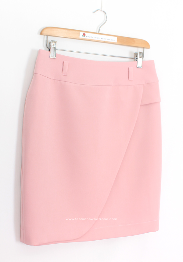 SK-486 กระโปรงทรงสอบ ผ้า Double Twist สีชมพูพาสเทล