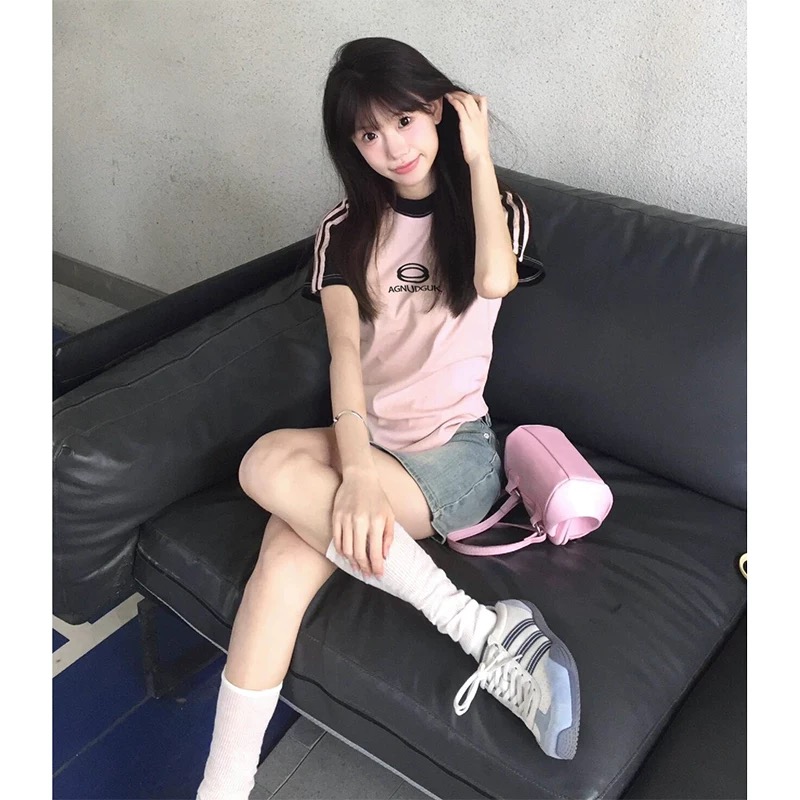 Pink summer tee เสื้อยืดแขนทูโทน