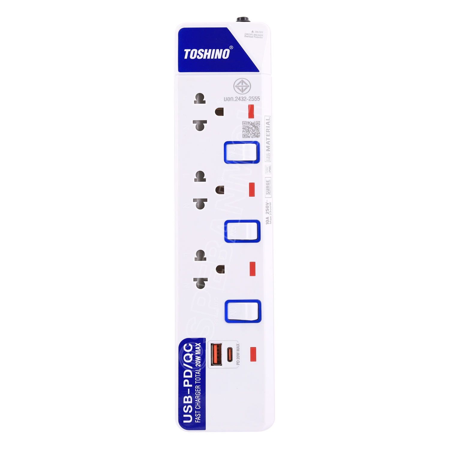 [ 1 ชิ้น ] ET-913UC รางปลั๊กพ่วง TOSHINO PD/QC20W Type-C/USB มี 3 เต้าเสียบ 3 เมตร มีสวิทช์แยก 3 Socket 2300W 3X0.75 sq.mm 10A Surge Protection Circuit Breaker USB 3.1A Charger ม่านนิรภัยป้องกันนิ้วมือ ET-913 ET913