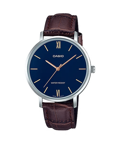 CASIO Standard รุ่น LTP-VT01L-2BUDF สายหนังสังเคราะห์สีน้ำตาล จอน้ำเงินเข้ม สินค้าใหม่ ของแท้ รับประกันศูนย์ CMG