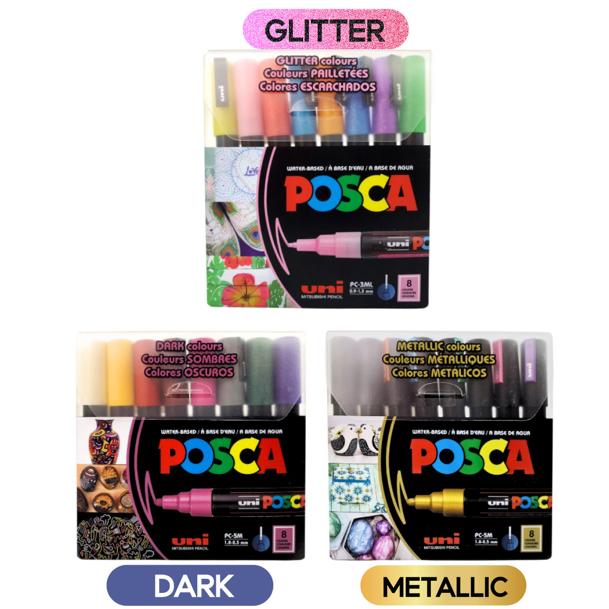 ชุด ปากกา มาร์กเกอร์ ลบไม่ได้ Uni Posca รุ่น PC-5M / PC-3ML รุ่น Dark colours / Metallic colours / Glitter colours เซ็ต 8 สี