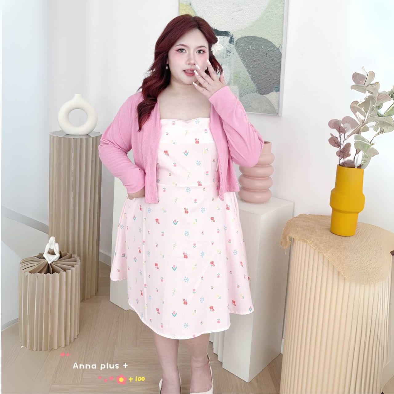 A251 เดรสสาวอวบ มาพร้อมเสื้อคลุม เสื้อคลุมเลือกสีได้ตามชอบ ชมพู ขาว เดรสอกได้ถึง40-50 หน้าผ้า52