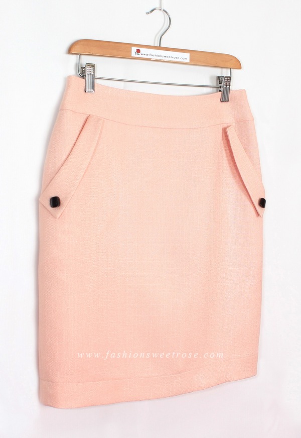 SK-465 กระโปรงทรงสอบ ผ้า CHANEL สี Peach แต่งด้วยกระดุมหรู