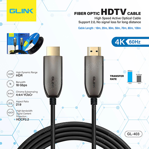 [ 1เส้น ] GL-403-30M สาย HDMI Fiber Optic ความยาว 30m Glink สายต่อสัญญาณ TV รองรับ 4K 60HZ HDMI 2.0 Glink เอชดีเอ็มไอ High Speed Active Optical Cable Support 2.0 สายสัญญาณภาพ และเสียง Banwidth 18Gbps รองรับ 4K HDMI Cable For TV
