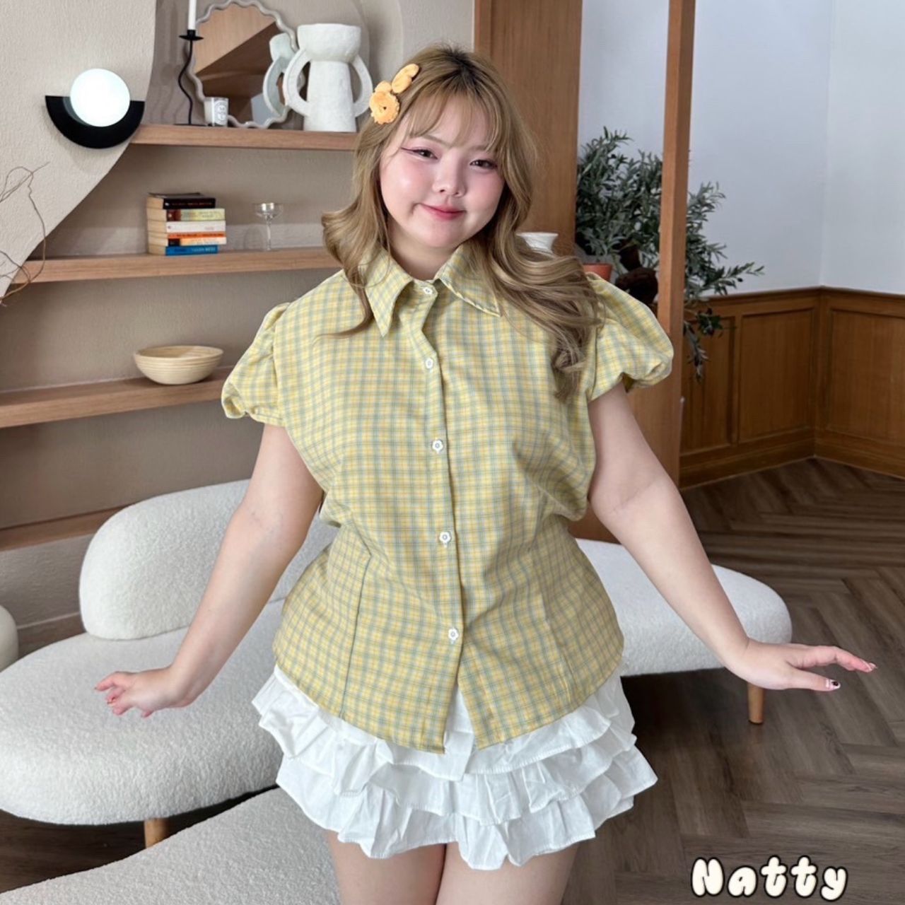 J183 เสื้อสาวอวบ ลายสก็อต แขนตุ๊กตา มีเชือกพูกหลัง ชมพู เหลือง เขียว ม่วง อกได้ถึง48นิ้ว หน้าผ้า50นิ้ว