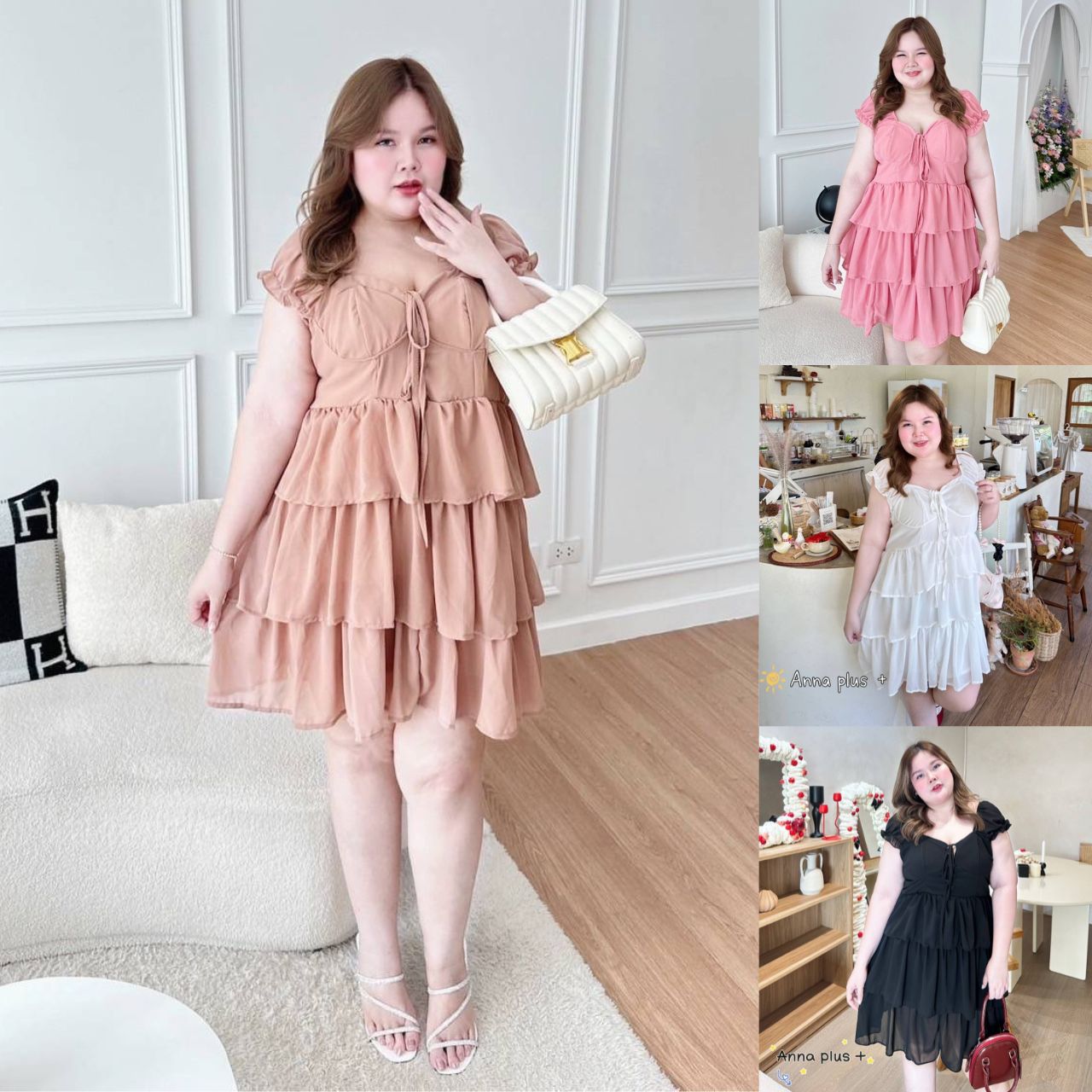 A159 เดรส สาวอวบ ผ้าชีฟอง อกได้ถึง50นิ้ว ชมพู ขาว น้ำตาล ดำ อก40-50นิ้ว