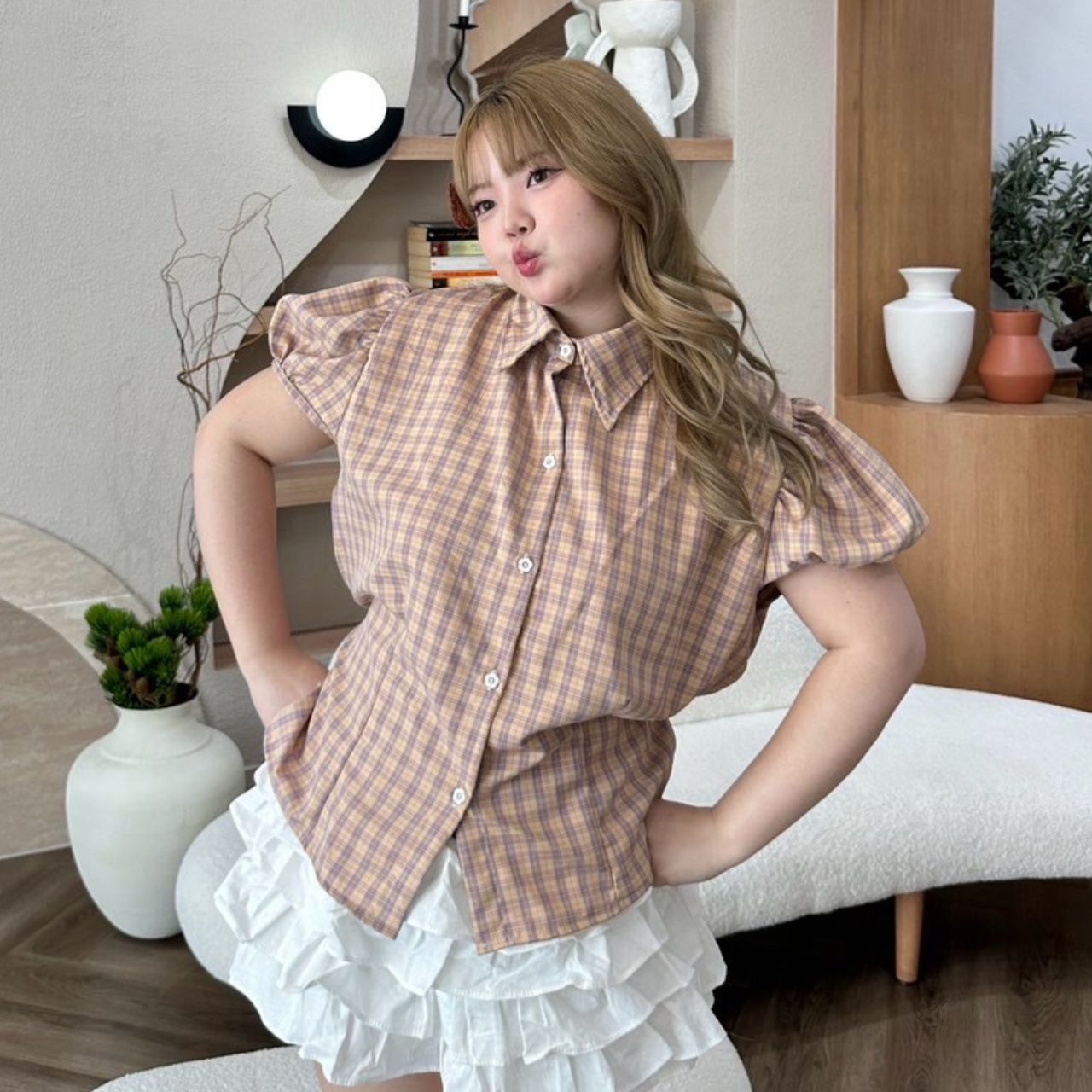 J183 เสื้อสาวอวบ ลายสก็อต แขนตุ๊กตา มีเชือกพูกหลัง ชมพู เหลือง เขียว ม่วง อกได้ถึง48นิ้ว หน้าผ้า50นิ้ว