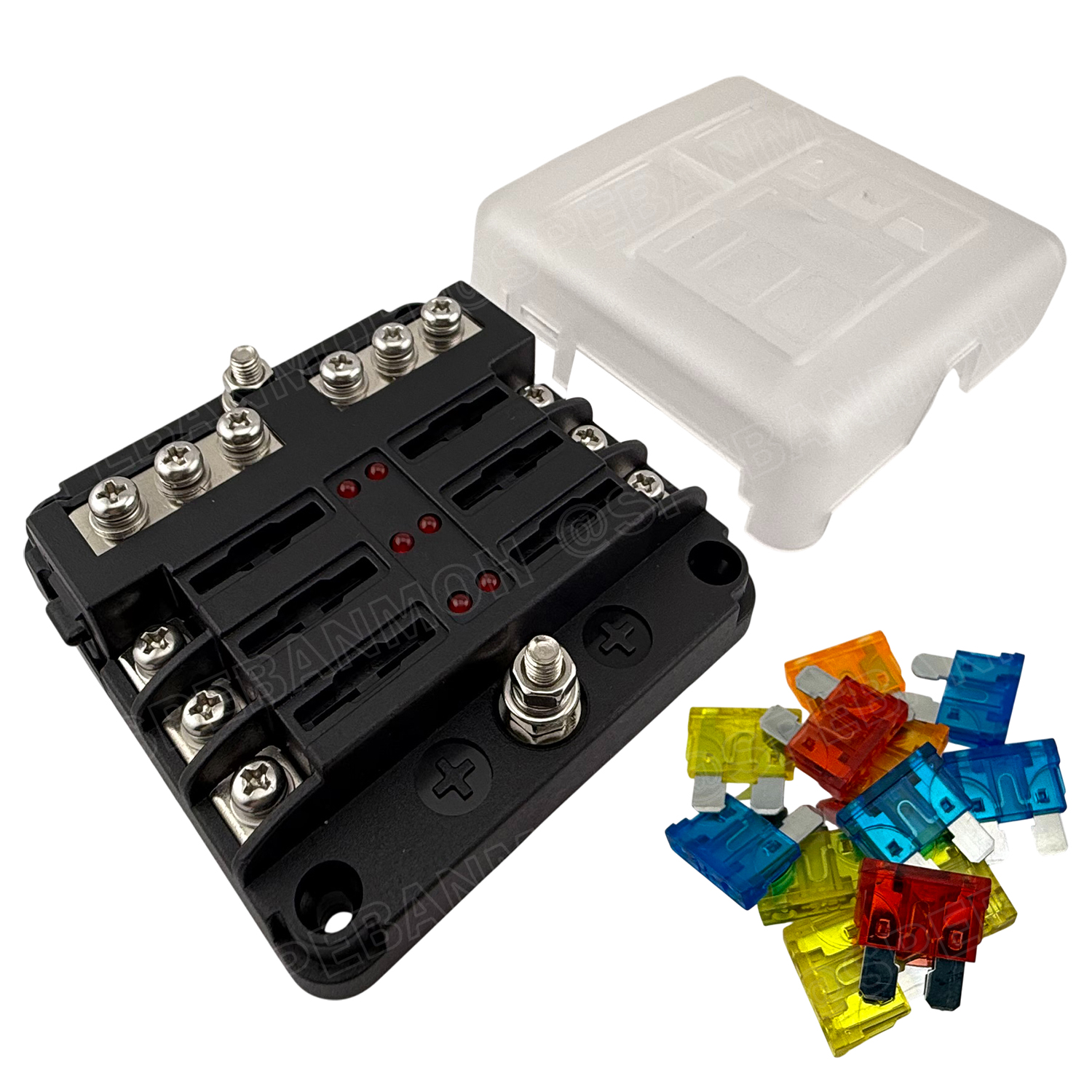 [ 1 ชิ้น ] WP-664A1 (FB-1713) กล่องฟิวส์รถยนต์ 6 ช่อง พร้อมฝาครอบ FB-1713 6 Way Fuse Block กระบอกฟิวส์รถยนต์ 6ช่อง พร้อมลูกฟิวส์ Fuse Holder + Fuse MARINE FUSEBOX ชุดฟิวส์ตัดวงจร 12V 24V DC แผงฟิวส์รถยนค์ รถบรรทุก Auto Fuse 1 In 6 Out ชุดฟิวส์ ดีซี MAX 32
