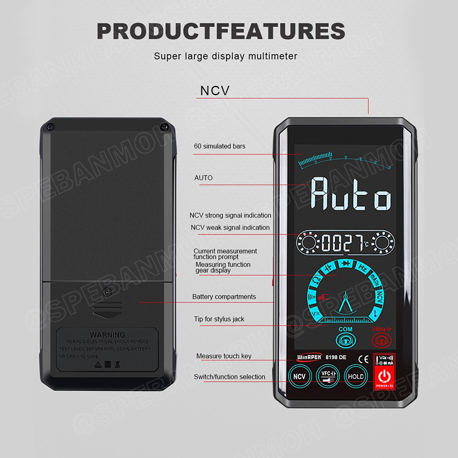 [ 1เครื่อง ] ET8198DE มัลติมิเตอร์ WinAPEX ET8198DE มัลติมิเตอร์ ระบบออโต้ ดิจิตอลมัลติมิเตอร์ แสดงผลหน้าจอสี วัด Hz เปลี่ยนฟังก์ชั่นโดนการแตะสัมผัส Auto range ระบบสัมผัส มีไฟ LED ระบบ Touch Screen ช่วงระบุการวัดอัตโนมัติ