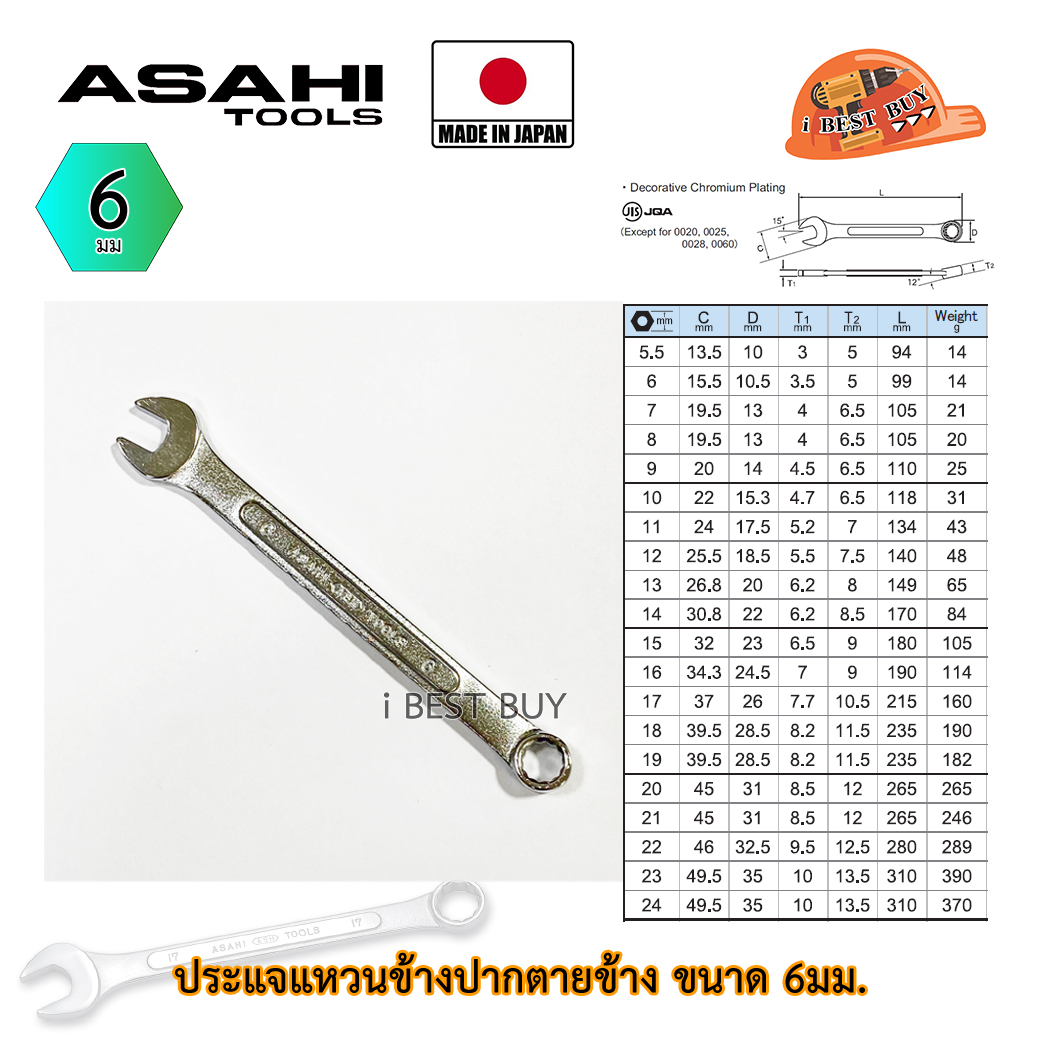 Asahi ประแจแหวนข้างปากตาย อาซาฮี ขนาด 6มม. ผลิตจากประเทศญี่ปุ่น แท้