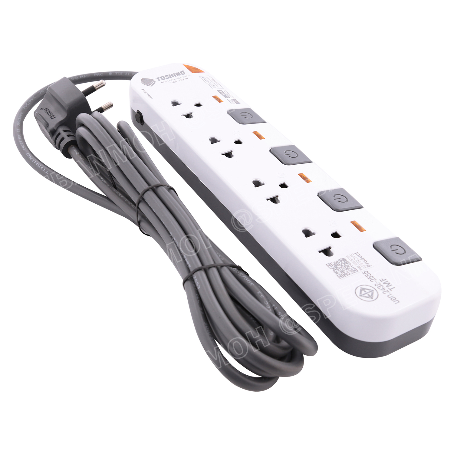 P4375-3M-WGS รุ่นพิเศษ หัวปลั๊กงอ 90 องศา ปลั๊กพ่วง Toshino P Series รางปลั๊กไฟ Toshino รุ่น P4375 3 เมตร 4ช่อง 4สวิตซ์ 3เมตร 250V 10A 2300W ระบบ Surge Protection ป้องกันไฟกระชาก Circuit Breaker ป้องกันไฟเกิน ผลิตจากวัสดุไม่ลามไฟ ม่านนิรภัย ป้องกันนิ้วมือ