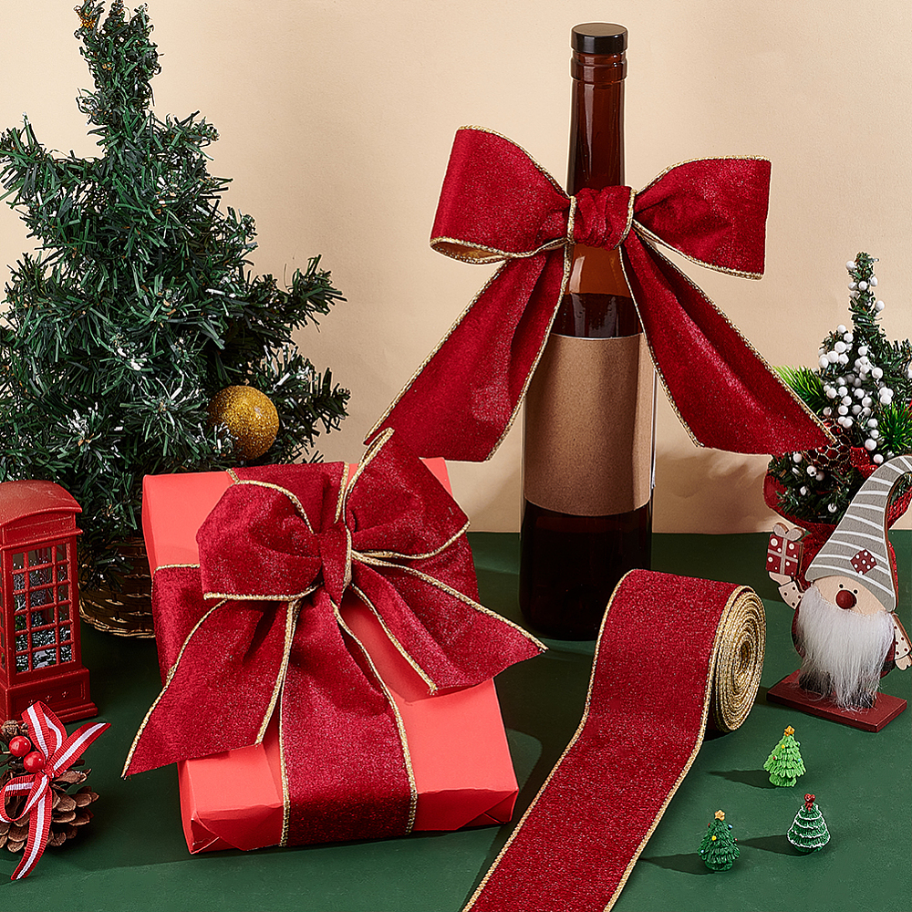 ริบบิ้นผากำมะหยี่ สีแดง หน้าเดียว ขอบลวดดัด หน้ากว้าง 2-1/2 inch(63mm) ม้วนยาว 10 หลา สำหรับทำโบว์ ห่อของขวัญ ตกแต่งงานปาร์ตี้