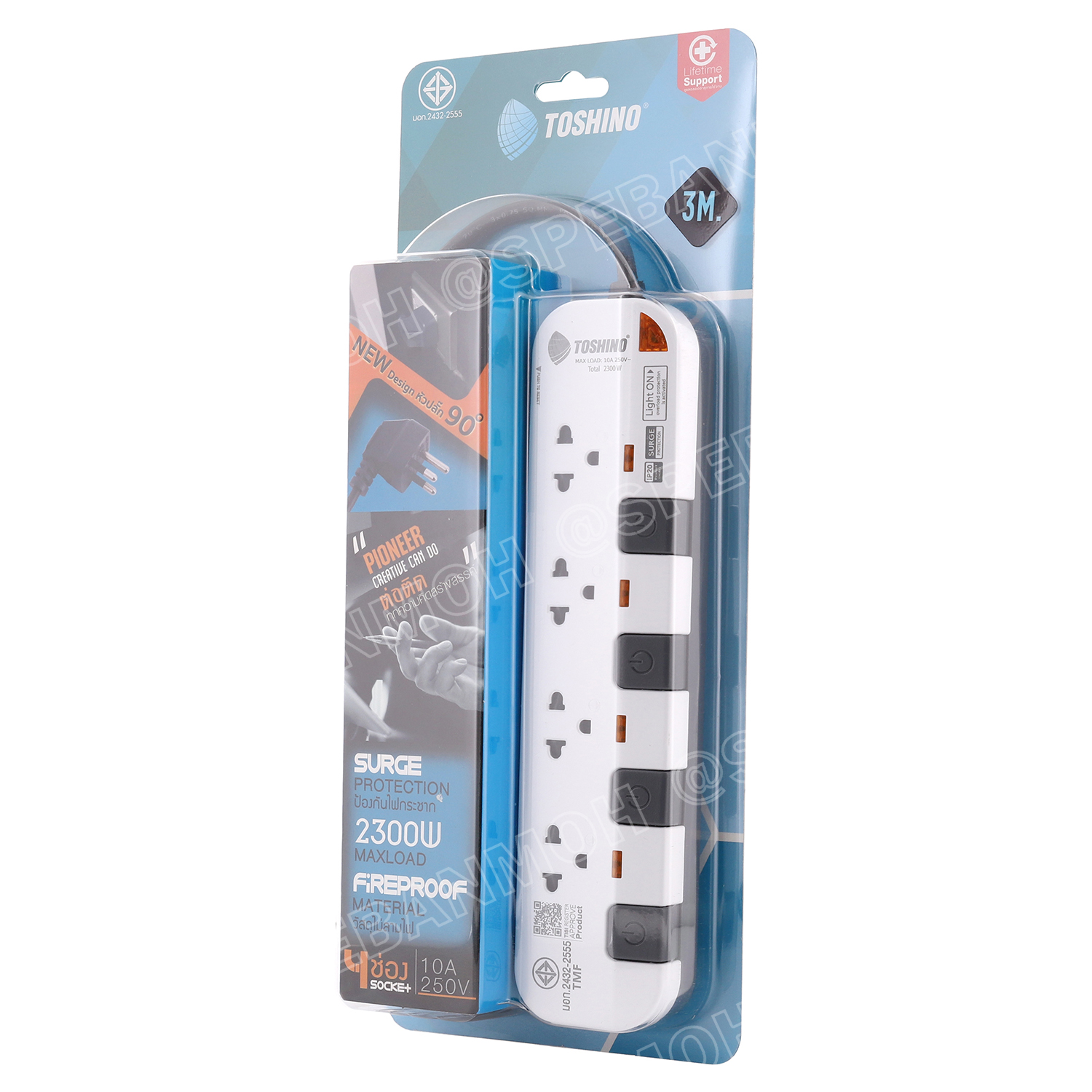 P4375-3M-WGS รุ่นพิเศษ หัวปลั๊กงอ 90 องศา ปลั๊กพ่วง Toshino P Series รางปลั๊กไฟ Toshino รุ่น P4375 3 เมตร 4ช่อง 4สวิตซ์ 3เมตร 250V 10A 2300W ระบบ Surge Protection ป้องกันไฟกระชาก Circuit Breaker ป้องกันไฟเกิน ผลิตจากวัสดุไม่ลามไฟ ม่านนิรภัย ป้องกันนิ้วมือ
