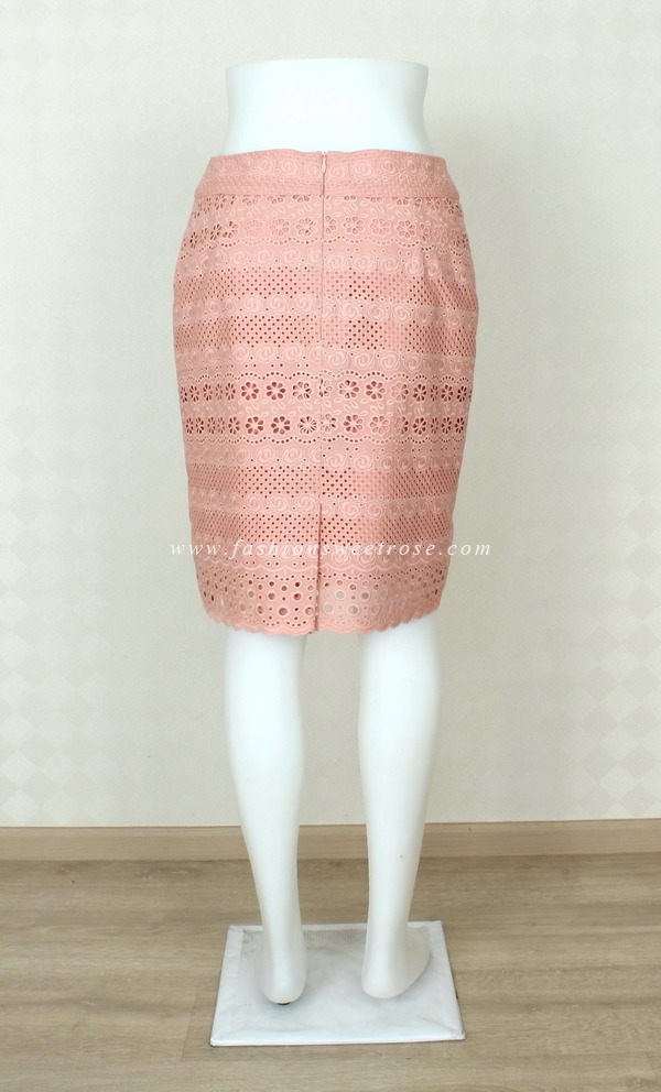 SK-350 กระโปรงแฟชั่น&ทำงาน ทรงสอบ ผ้าลูกไม้คอตตอน สี Peach ชายกระโปรงเป็นเชิงลูกไม้