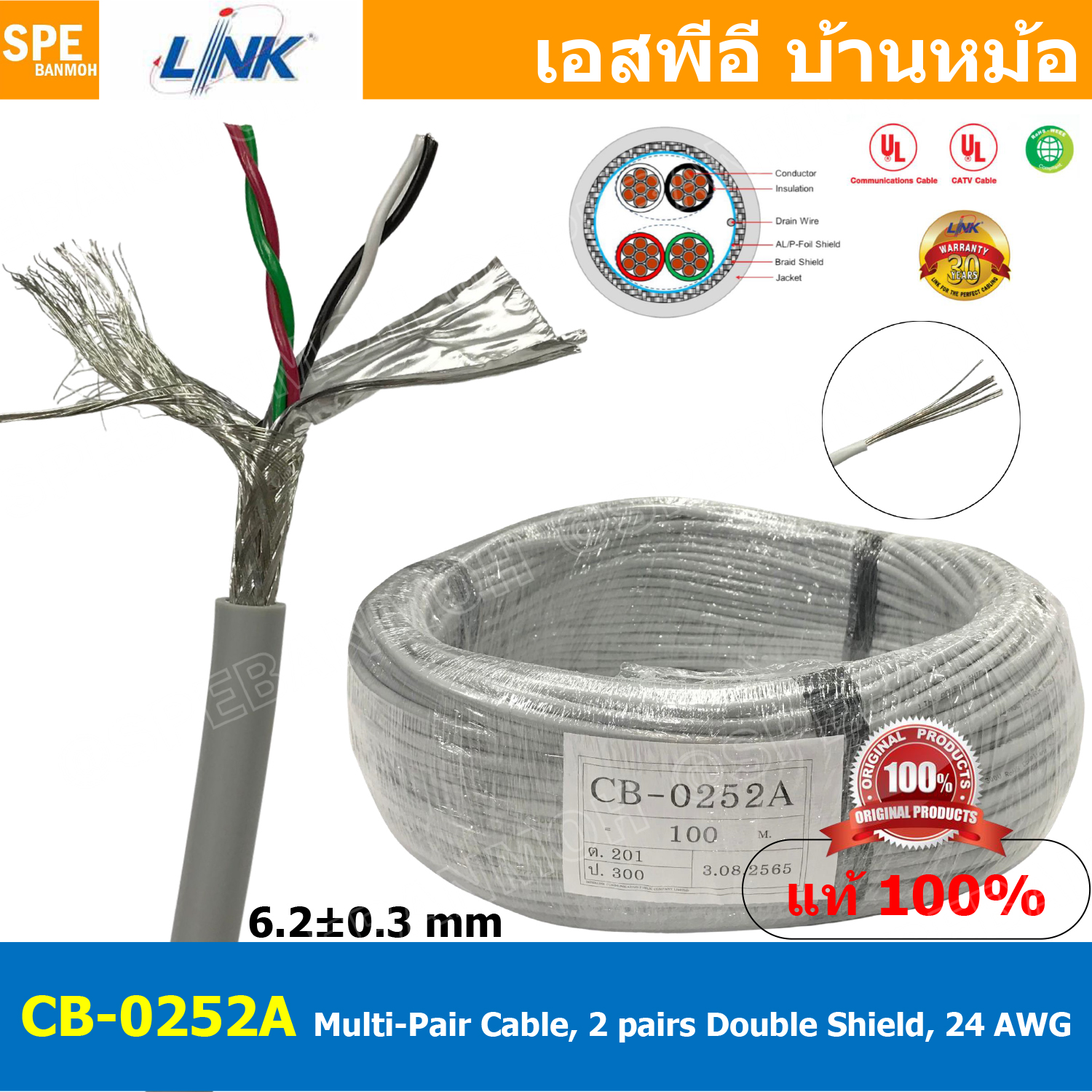 [ 100เมตร ] CB-0252A สายมัลติแพร์ Multi-Pair Cable 2 pairs Double Shield 24 AWG สายคอนโทรล General control สายมัลติคอร์ ทวิสแพร์ Twisted Pair สายตีเกลียว 4C Multicore Cable RS-232 RS-422 RS-423 and RS-485