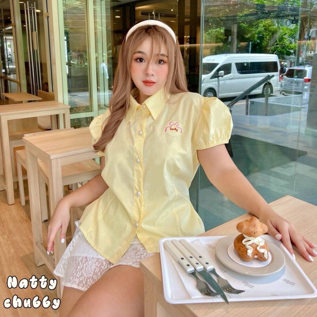 J162 เสื้อคอปก สาวอวบ แขนตุ๊กตา เหลือง ชมพู กรมท่า ดำ อก38-50นิ้ว หน้าผ้า52นิ้ว