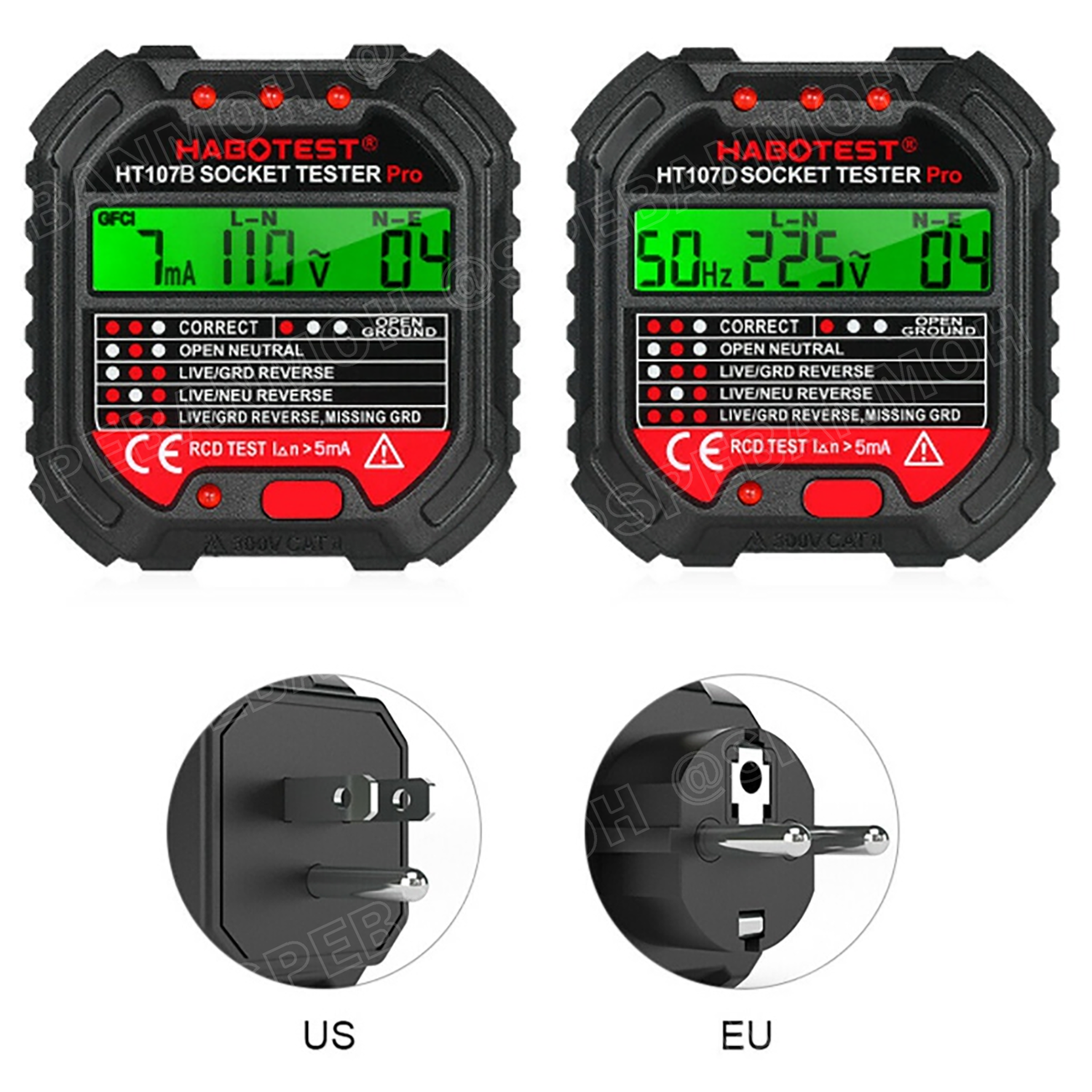HT107B ปลั๊กเชคเต้ารับ Socket Outlet Tester อุปกรณ์เช็ตเค้ารับ LCD Digital จอแสดงผล LCD เทสเต้ารับ ระบบ GFCI / RCD TEST เครื่องเทสการต่อสาย อุปกรณ์ทดสอบไฟรั่ว Eletricaly Leak-prooftest ขาเสียบ US 2ขาแบน