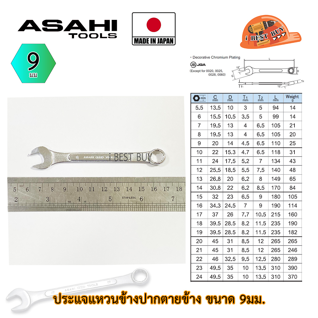Asahi ประแจแหวนข้างปากตาย อาซาฮี ขนาด 9มม. ผลิตจากประเทศญี่ปุ่น