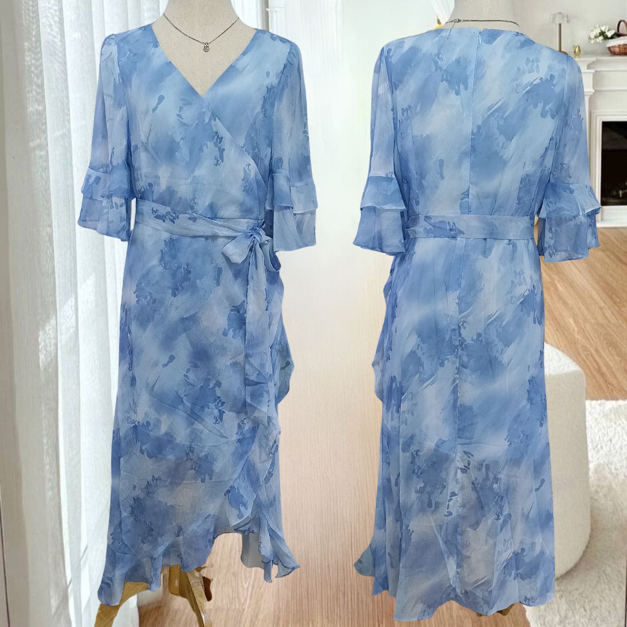 ต้อนรับวันแม่ N006 เดรสสีฟ้าสดใส ผ้าชีฟอง อกได้ถึง38นิ้ว