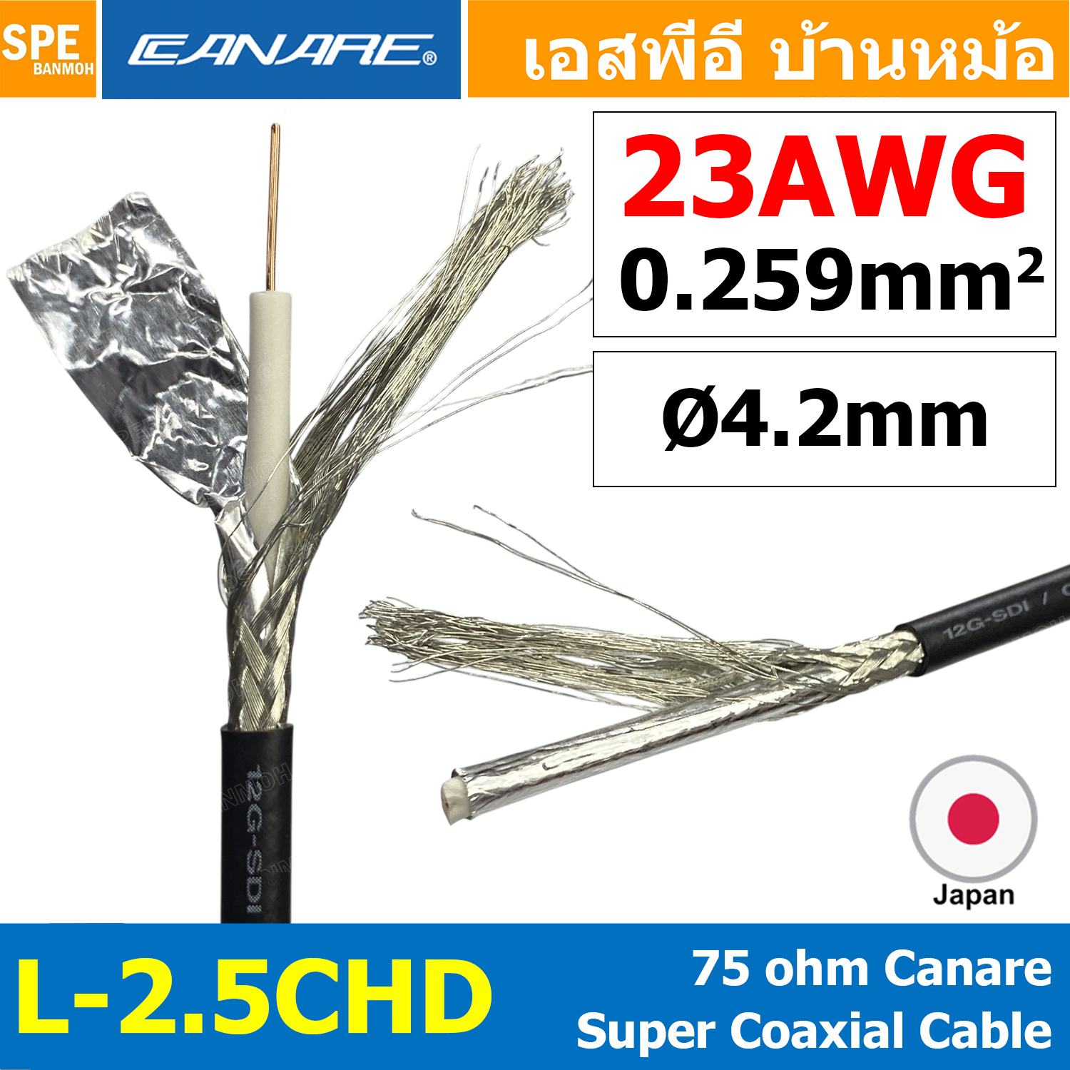 [ 1 เมตร ] L-2.5CHD Video Coaxial Cable สายโคแอกเชียล Coaxial Cable By CANARE MADE IN JAPAN สายสัญญาณ 75 Ohm Super Loww Loss HD-SDI Coaxial Cable HDTV / SDI CABLE สายสัญญาณวิดีโอ สายวิดีโอ SDI