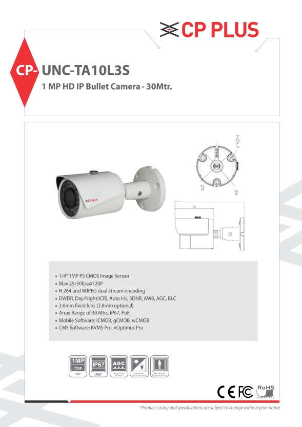 กล้องวงจรปิด CP Plus ๊ UNC-TA10L3S 1MP,3.6MM,30M IR,IP Bullet