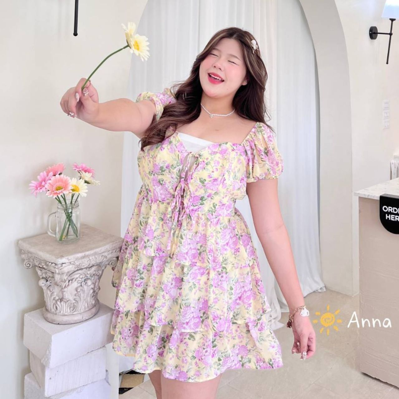 A211 เดรส สาวอวบ ซิบหลัง ผ้าชีฟอง กระโปรงซ้อนชั้น ดอกส้ม ดอกม่วง อก 40-52นิ้ว