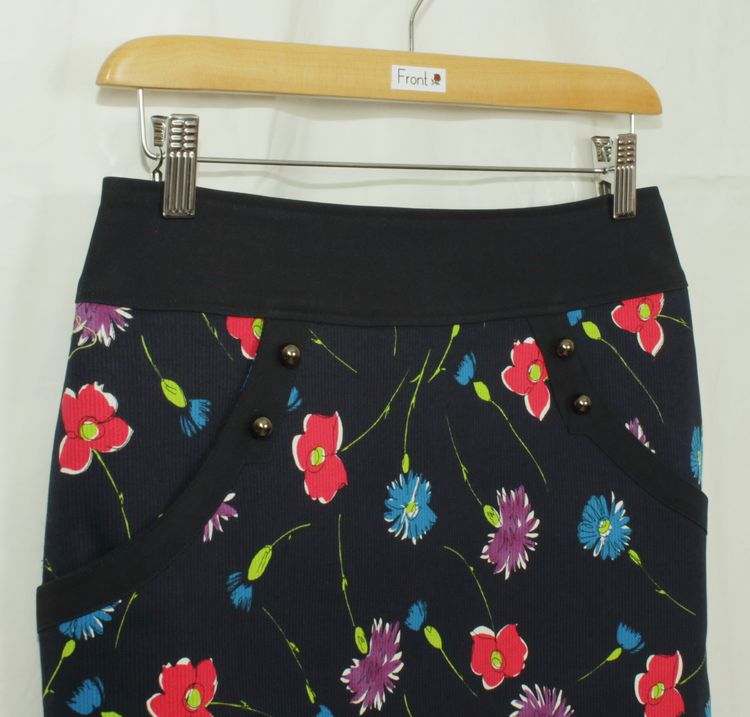 SK-181 กระโปรงแฟชั่น&ทำงาน ทรงสอบ ผ้าญี่ปุ่นผสมสเป็นเด็กพิมพ์ลายดอกไม้โทนน้ำเงิน