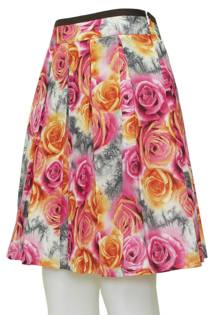 SK-090 กระโปรงแฟชั่น&ทำงาน ทรงบาน ผ้าพิมพ์ลายดอกกุหลาบสีชมพูเหลือง