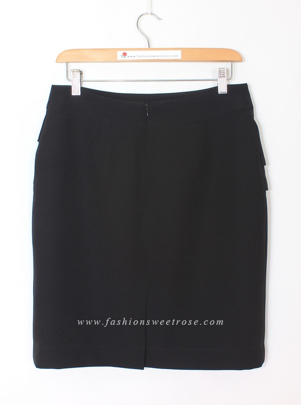 SK-468 กระโปรงทรงสอบ ผ้า Double Twist สีดำ แต่งผ้าซ้อน 3 ชิ้น