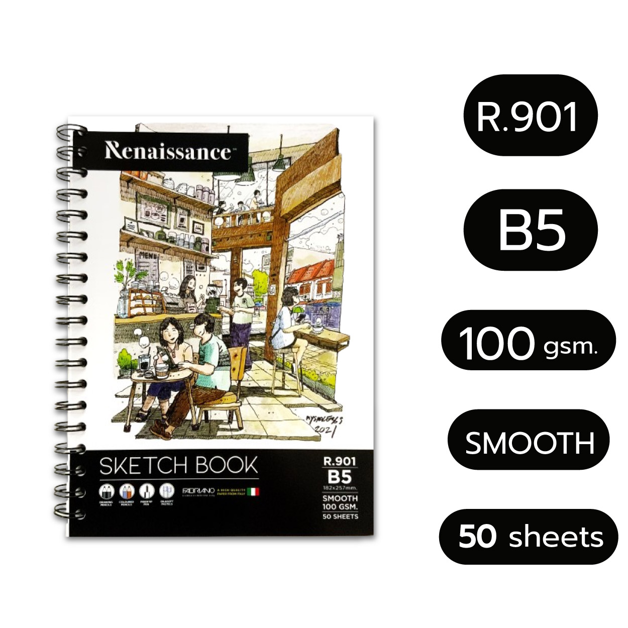 Renaissance & Fabriano สมุดสเก็ตช์ภาพ สมุดวาดภาพ สมุดสเก็ตซ์ 100 แกรม R.902 A4 / R.901 B5 ผิวเรียบ ริมลวด