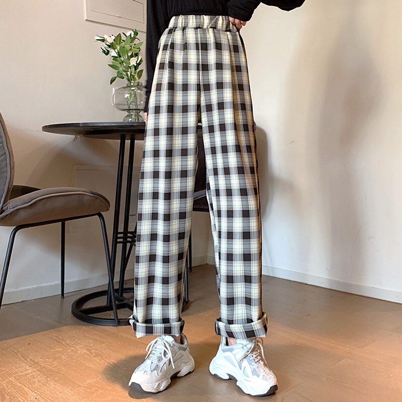 Grid pants กางเกงขายาวลายสกอตเอวยางยืด