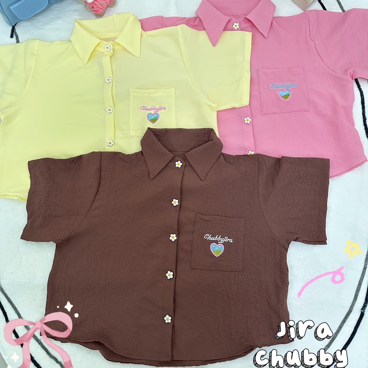 J056 เสื้อครอปคอปก แต่งกระดุมเดซี่ อกได้ถึง 48นิ้ว หน้าผ้า50นิ้ว