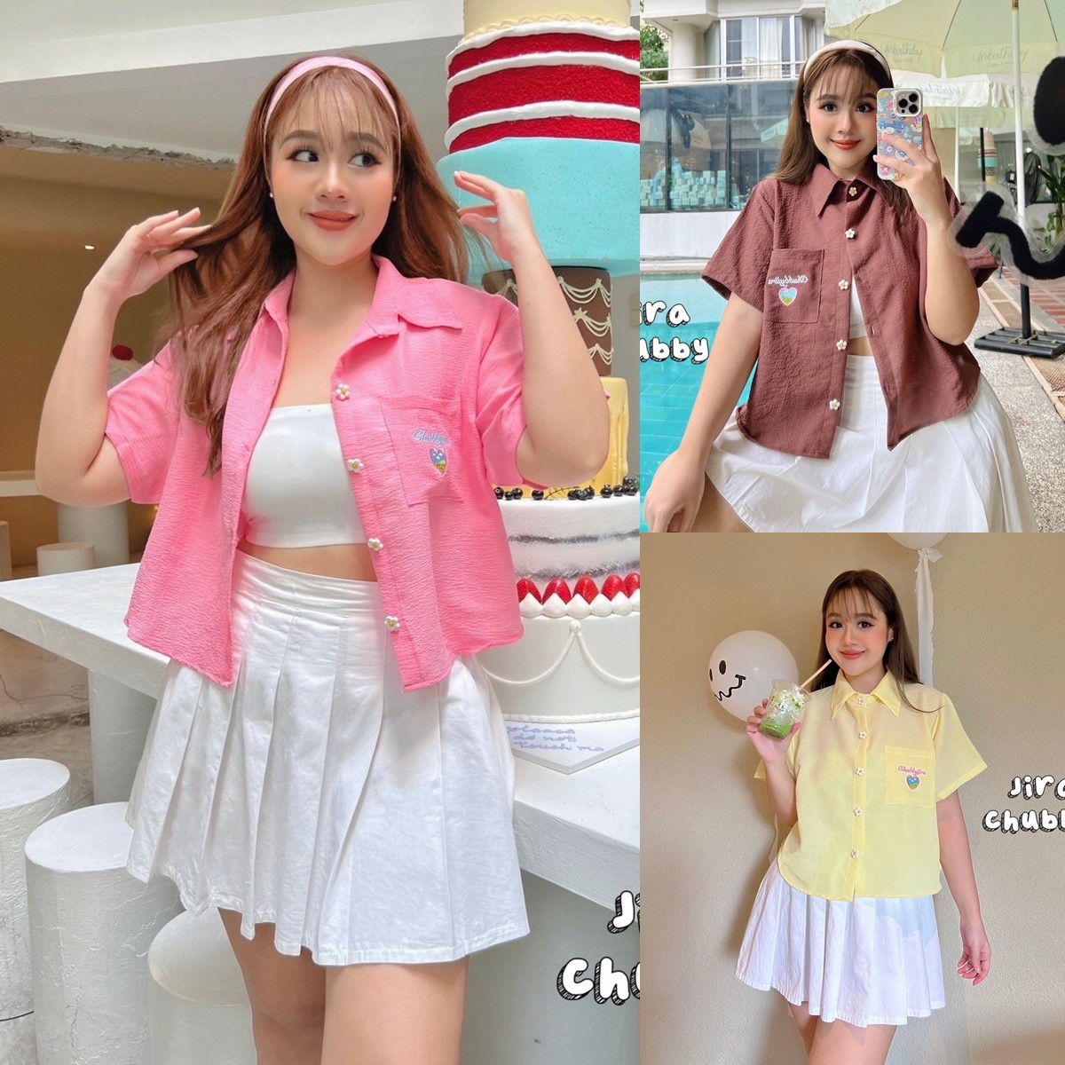 J056 เสื้อครอปคอปก แต่งกระดุมเดซี่ อกได้ถึง 48นิ้ว หน้าผ้า50นิ้ว