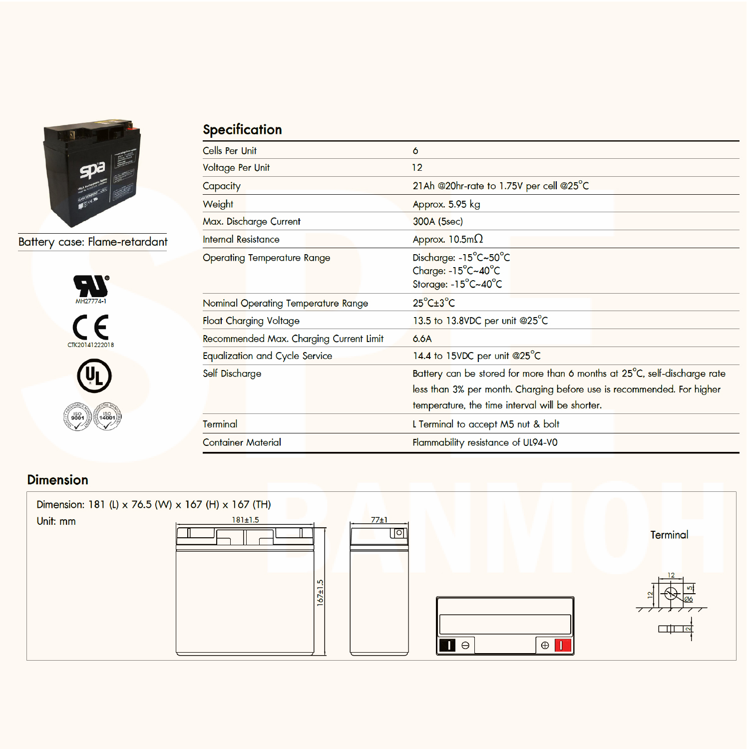 SL12-21 SPA Battery 12V 21A แบตเตอรี่แห้ง สำรองไฟ 12V 21Ah SL แบตเตอรี่สปา แบตเตอรี่ SPA แบตแห้ง SPA แบต UPS ไฟฉุกเฉิน ระบบเตือนภัย แบตเครื่องสำรองไฟ แบตไฟฉุกเฉิน แบตUPS แบตเตอรี่แห้ง SPA Valve Regulated Lead Acid Battery แบตเตอรี่ชนิดแห้ง ไม่ต้องเติมน้ำก