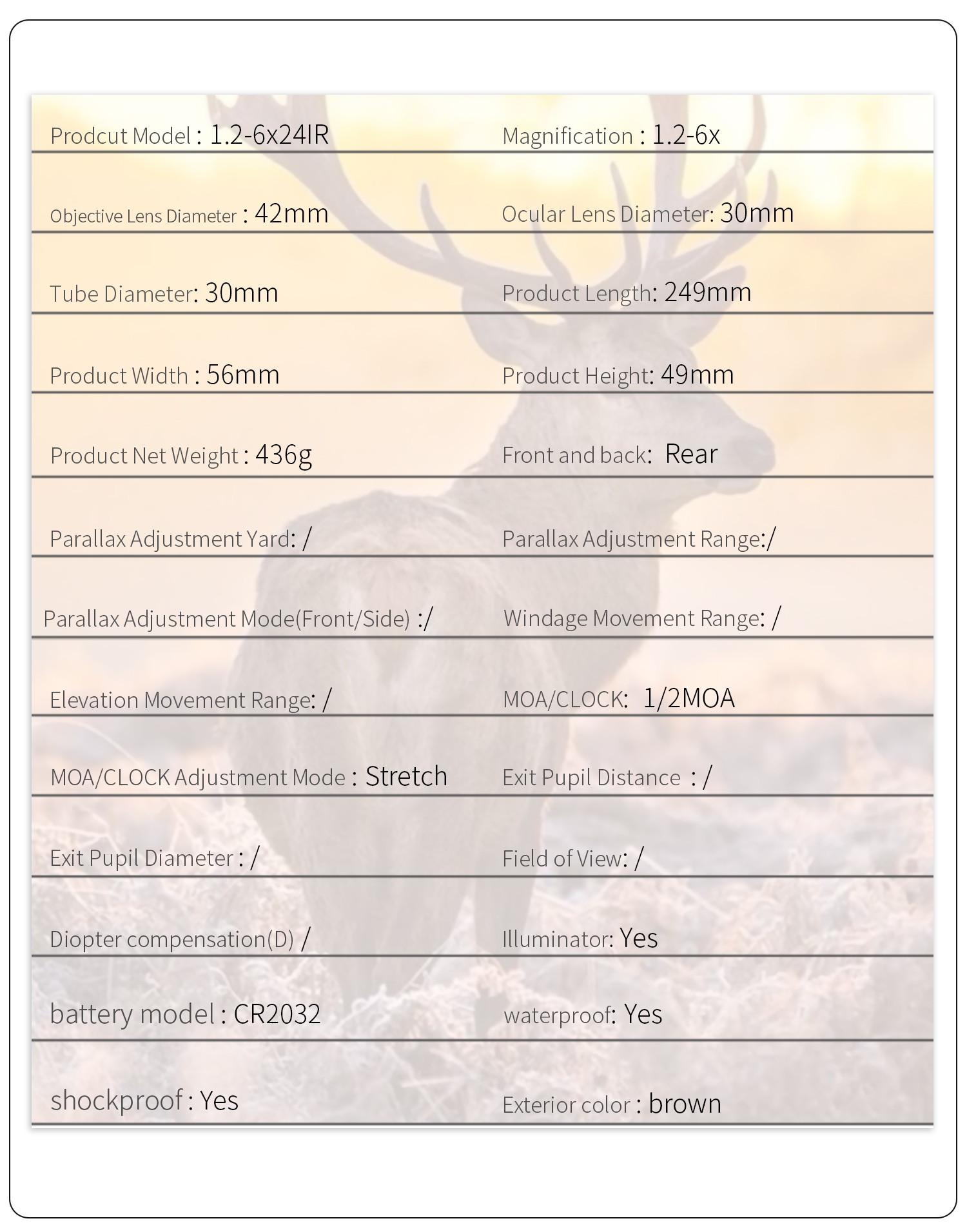 กล้องติดปืน กันน้ำ กันกระแทก มีไฟเส้นเล็ง 2 สี T-EAGLE ER 1.2-6X24 IR HK BLACK
