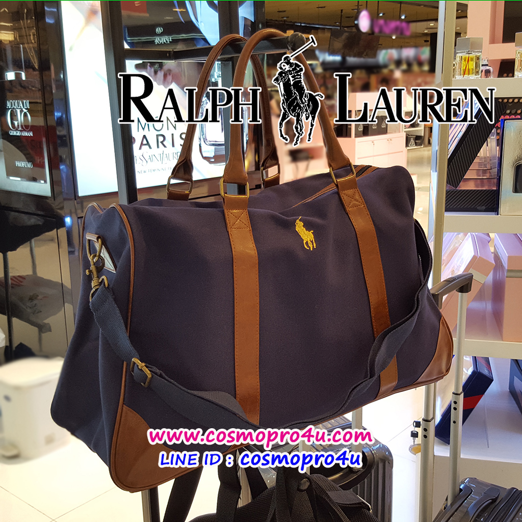กระเป๋าดัฟเฟิล POLO RALPH LAUREN กระเป๋าผ้าเนื้อหนาใบใหญ่แนวสปอร์ต สีกรมท่าคาดแถบหนังสีน้ำตาล พรีเมี่ยมจากน้ำหอมราล์ฟลอเรน 20x13 นิ้ว