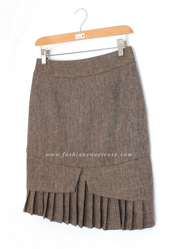 SK-427 กระโปรงแฟชั่น&ทำงาน ทรงสอบ ผ้าคอตต้อนลินินไอริส สีน้ำตาล ชายกระโปรงจับจีบรอบตัว