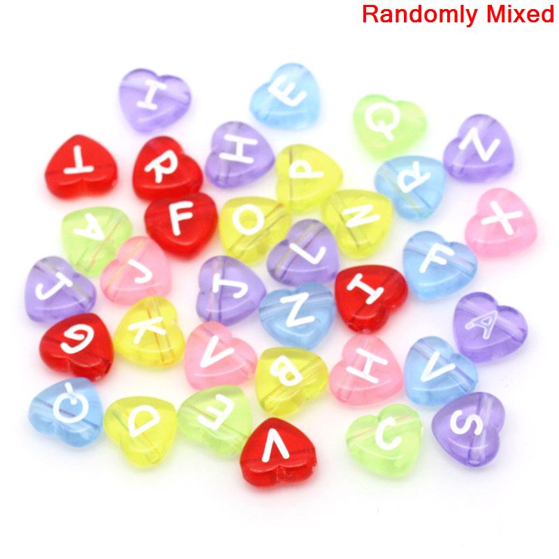 ลูกปัดอะครีลิคใสรูปหัวใจสลักตัวอักษรภาษาอังกฤษ 11x10 มม. คละสี
