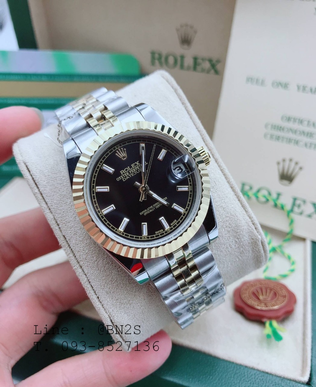 ROLEX DATEJUST Watch ตัวเรือนเงิน หน้าปัดดำ ขอบทอง 31 มม. มาพร้อมกล่องครบชุดตามรูป