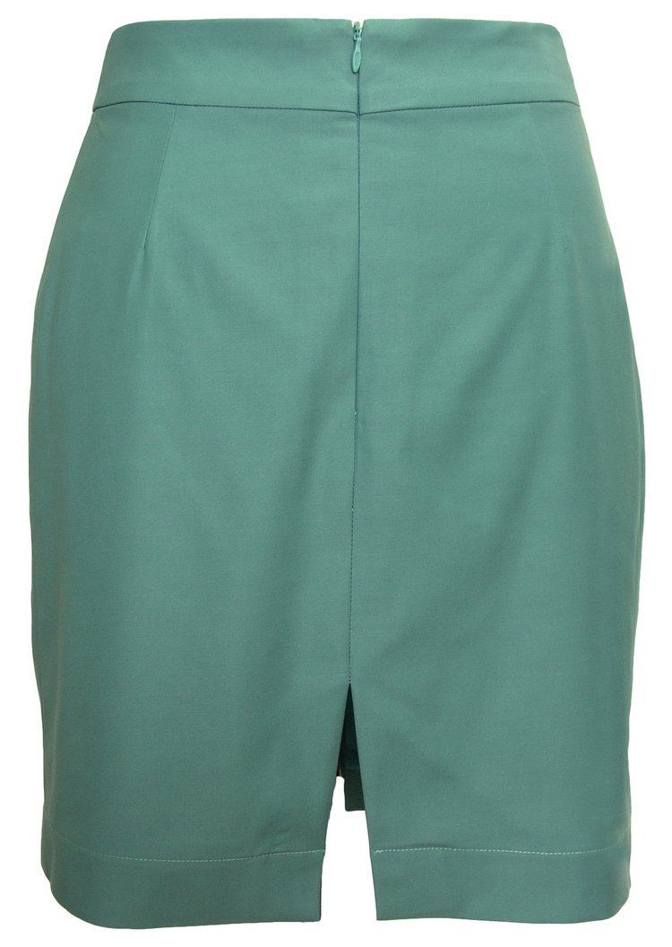 SK-091 กระโปรงแฟชั่น&ทำงาน ทรงสอบ ผ้าคอตต้อนญี่ปุ่นผสมสเปนเดกสีเขียวอมฟ้า แต่งด้วยกระดุม 6 เม็ด