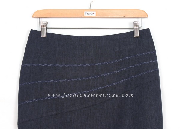 SK-425 กระโปรงแฟชั่น&ทำงาน ทรงสอบ ปักลายก้างปลา ผ้าคอตต้อนลินินไอริสสีน้ำเงิน