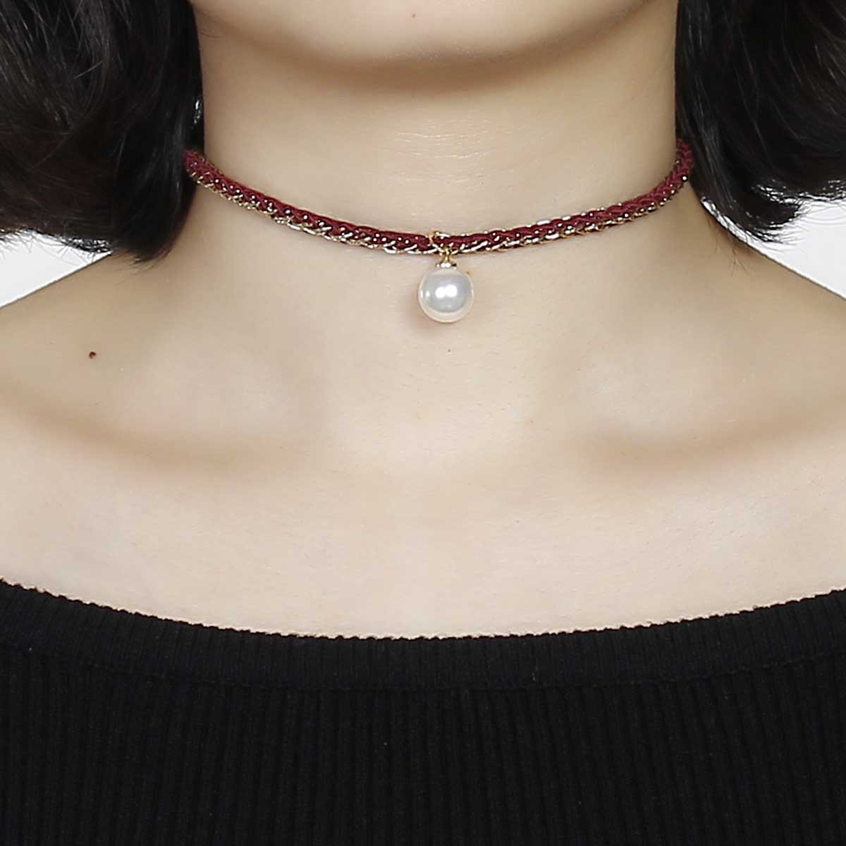สร้อยคอ Choker แฟชั่น ด้าย Tereryne ถักกับโซ่สีทอง จี้มุกเทียมสีขาว รอบคอ ยาว 33.5cm 1 เส้น