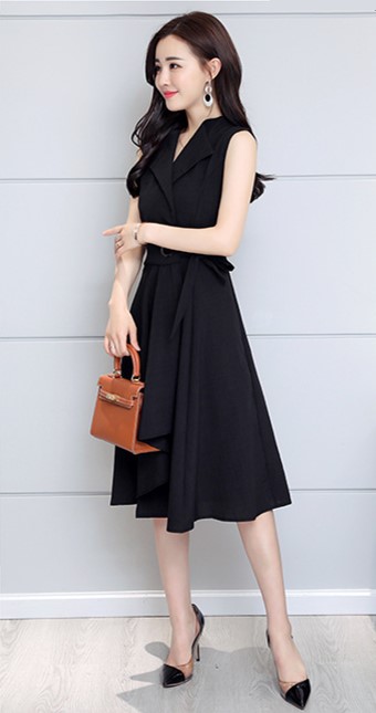 ชุดเดรสแขนกุดผ้าชีฟองผสมผ้าฝ้าย สีดำ