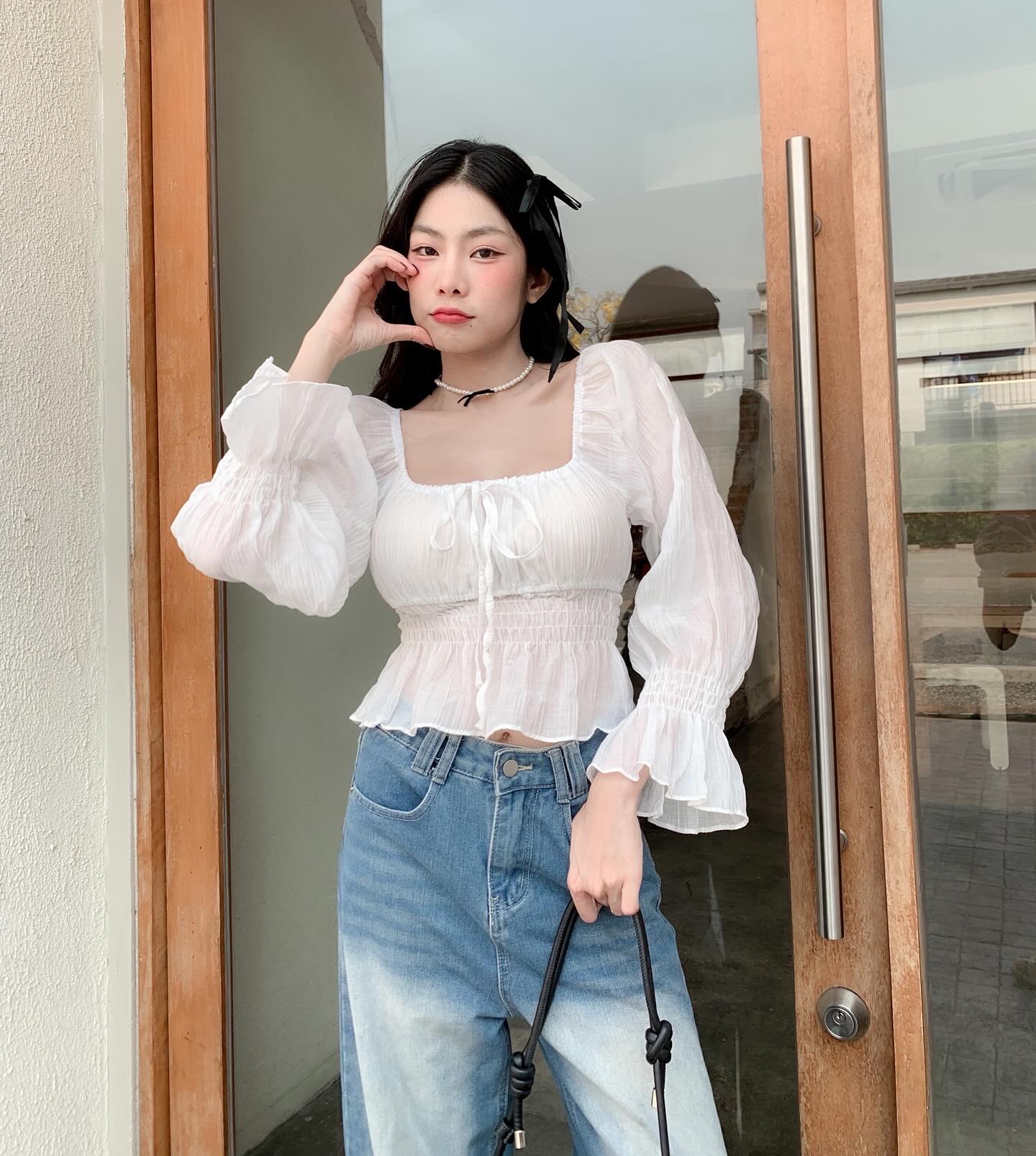 RIYA Blouse top 🥨 เสื้อคอเหลี่ยม แขนจั๊มพ์